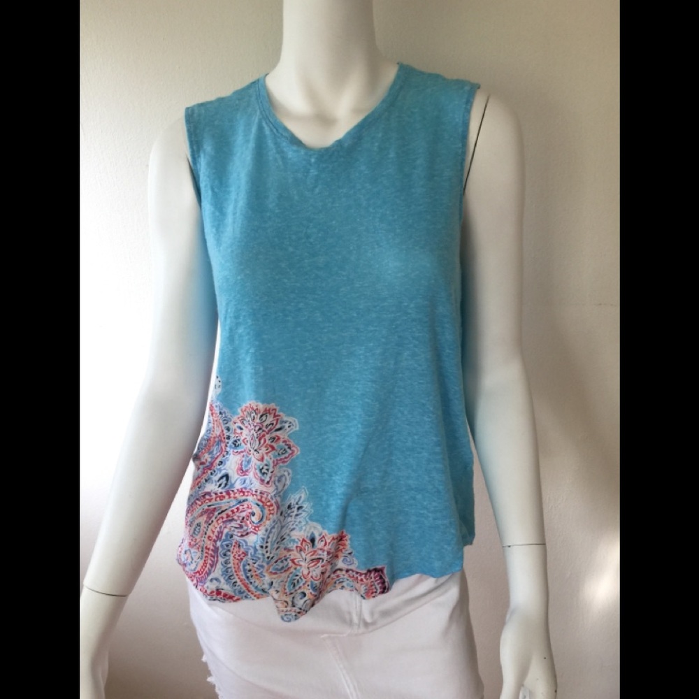 JJill turquoise linen tank w/floral design